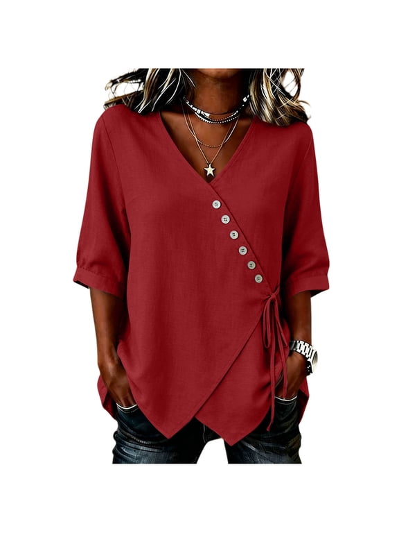 Women's Tops V Neck Asymmetric Button Drawstring Side Tie Blouse 3/4 Sleeve Casual Summer Shirt