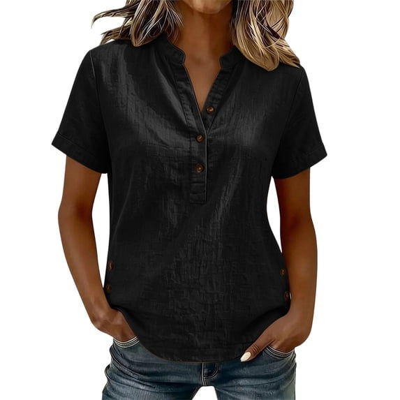 Admvng Women's Tops V Neck Side Slit Short Sleeve Breathable Casual Basic Button Shirts