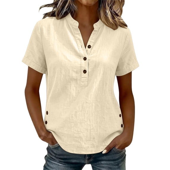 Admvng Women's Tops V Neck Side Slit Short Sleeve Breathable Casual Basic Button Shirts