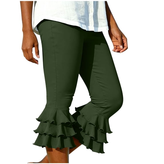 Admvng Women's Triple Ruffle Hem Capri Pants High Waist Slim Fit Cropped Trousers