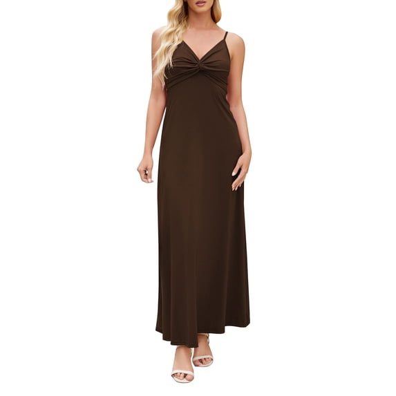 Admvng Women's Twist Front Maxi Dress Spaghetti Strap V-Neck Solid Long Flowy Party Dress
