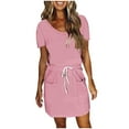 thumbnail image 1 of Admvng Women's V-Neck Drawstring Waist Mini Dress, Short Sleeve Casual Tunic Dress with Pockets, 1 of 5