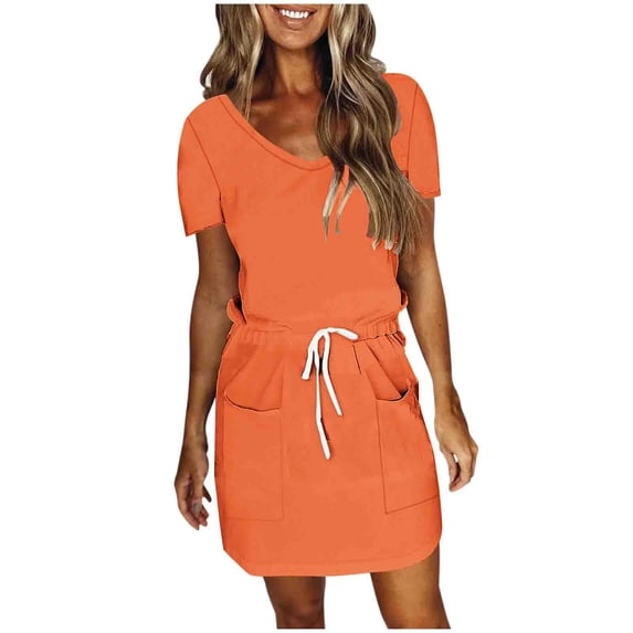 Admvng Women's V-Neck Drawstring Waist Mini Dress, Short Sleeve Casual Tunic Dress with Pockets