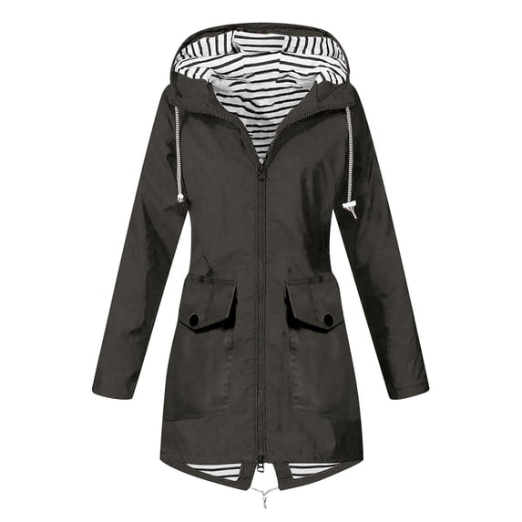 Admvng Women's Waterproof Hooded Rain Jacket Plus Size Striped Lined Windbreaker with Drawstring Waist & Pockets