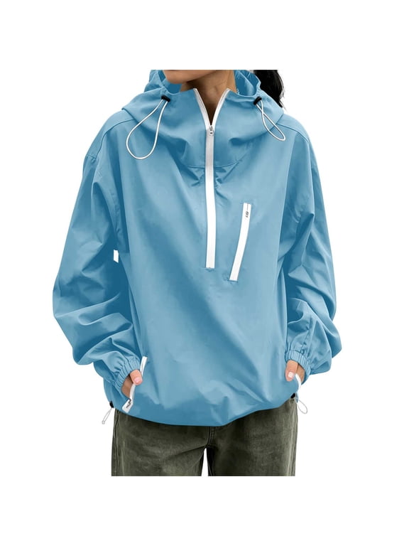 Women's Windproof Jacket Half Zip Pullover Drawstring Pocket Lightweight Water Resistant Outdoor Travel Windbreaker Coat