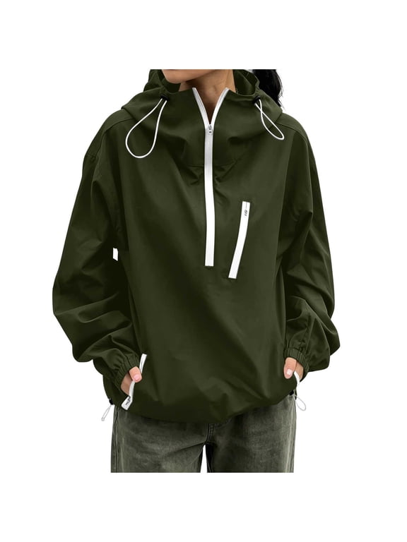 Women's Windproof Jacket Half Zip Pullover Drawstring Pocket Lightweight Water Resistant Outdoor Travel Windbreaker Coat