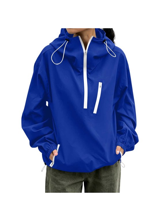 Women's Windproof Jacket Half Zip Pullover Drawstring Pocket Lightweight Water Resistant Outdoor Travel Windbreaker Coat