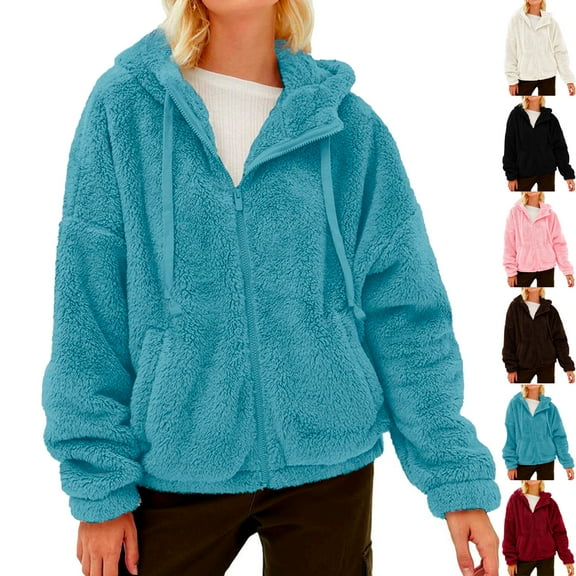 Admvng Women's Winter Coats Full Zip Up Long Sleeve Hooded Loose Fit Warm Outerwear with Pockets Winter Clothing for Women S-2XL