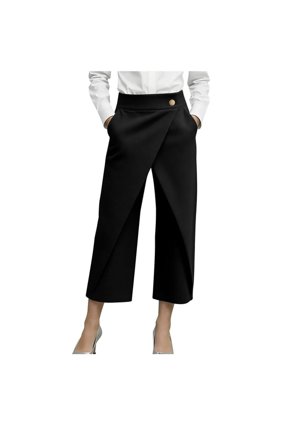 Women's Wrap Front Culottes Wide Leg Gold Button Detail Trendy Cropped Pants