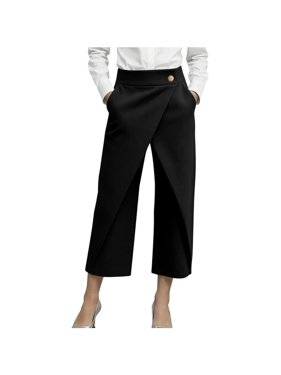 Women's Wrap Front Culottes Wide Leg Gold Button Detail Trendy Cropped Pants