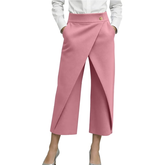 Admvng Women's Wrap Front Culottes Wide Leg Gold Button Detail Trendy Cropped Pants