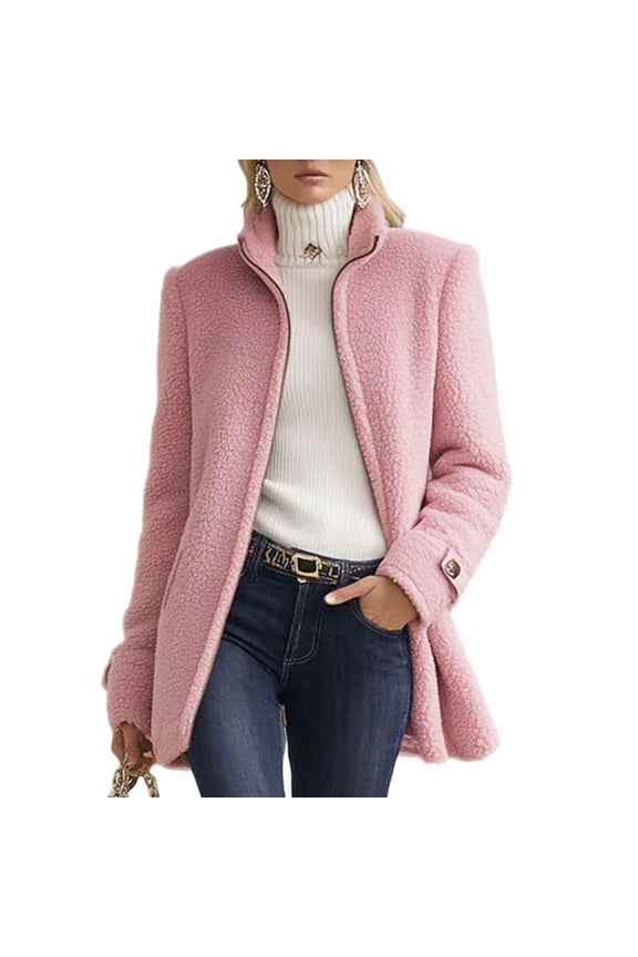 Women's Zip Up Coat Stand Collar Button Pocket Warm Fall Winter Mid-Length Teddy Jacket