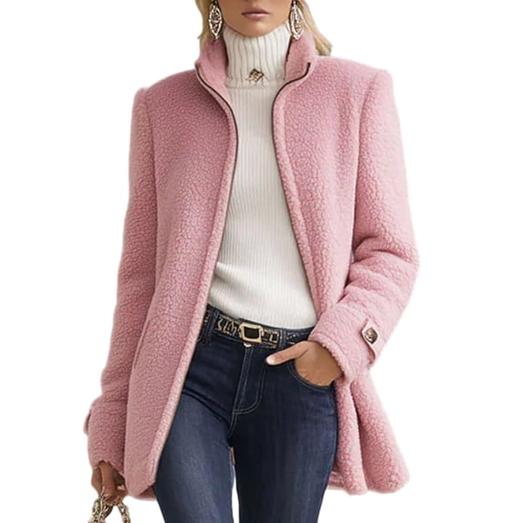 Admvng Women's Zip Up Coat Stand Collar Button Pocket Warm Fall Winter Mid-Length Teddy Jacket