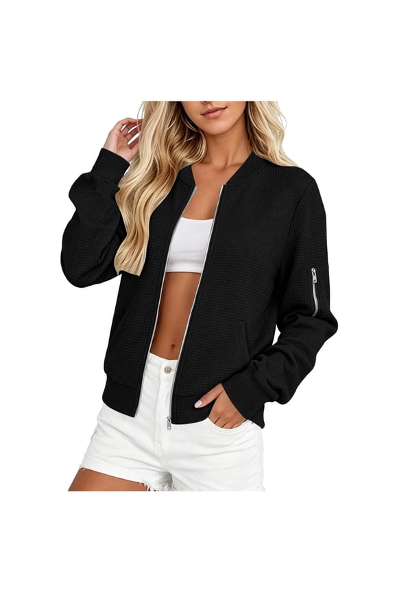 Womens Baseball Bomber Jacket Waffle Knit Zip Up Zipper Pocket Cropped Lightweight Casual Coat