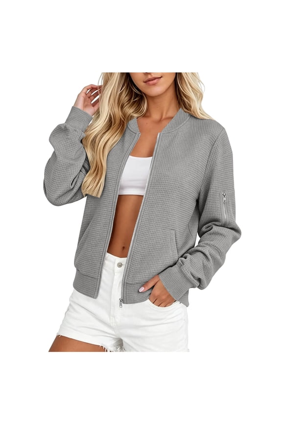 Womens Baseball Bomber Jacket Waffle Knit Zip Up Zipper Pocket Cropped Lightweight Casual Coat