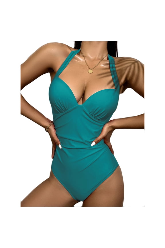 Womens Bathing Suits Plunging V Neck Bathing Suit Open Back One Piece Swimsuits S-XL