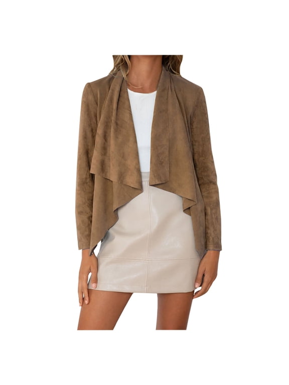 Womens Blazer Jacket Faux Suede Waterfall Draped Long Sleeve Asymmetrical Hem Casual Night Out Outerwear Coat