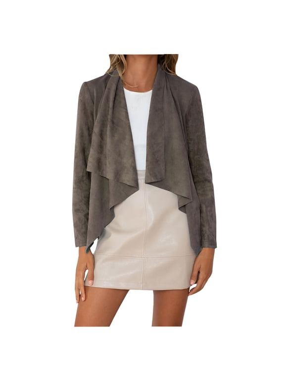 Womens Blazer Jacket Faux Suede Waterfall Draped Long Sleeve Asymmetrical Hem Casual Night Out Outerwear Coat