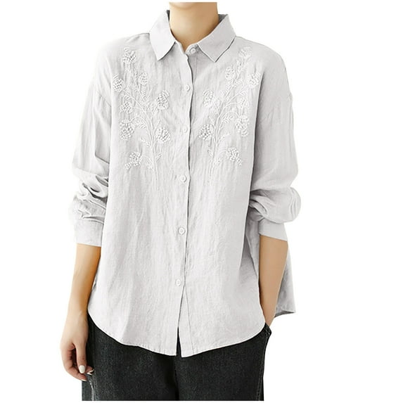 Admvng Womens Blouses Fashionable Cotton and Linen Embroidered Lapel Button Long Sleeved Shirt Top M-4XL