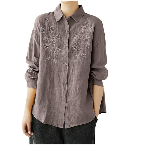 Admvng Womens Blouses Fashionable Cotton and Linen Embroidered Lapel Button Long Sleeved Shirt Top M-4XL