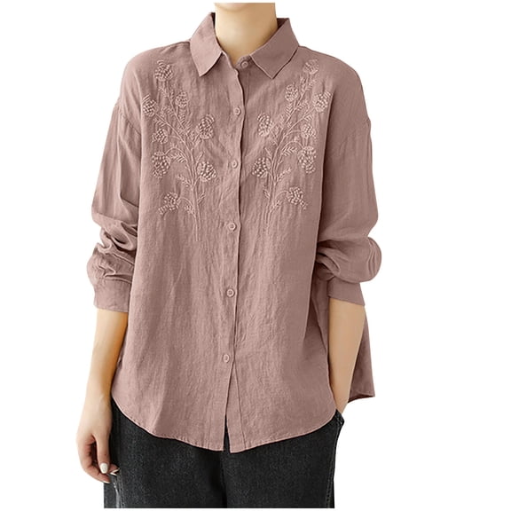 Admvng Womens Blouses Fashionable Cotton and Linen Embroidered Lapel Button Long Sleeved Shirt Top M-4XL