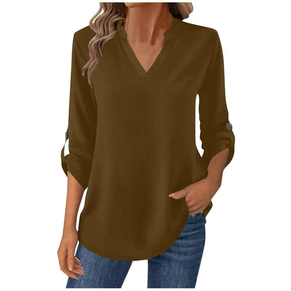Admvng Womens Blouses Tunic Tops Button V-neck Top with Adjustable Cuffs Slim Layer T Shirts, Size S-2XL