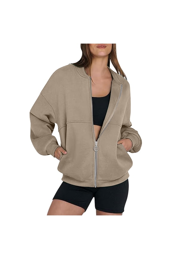 Womens Bomber Sweatshirt Jacket Long Sleeve Kangaroo Pocket Casual Loungewear Outerwear