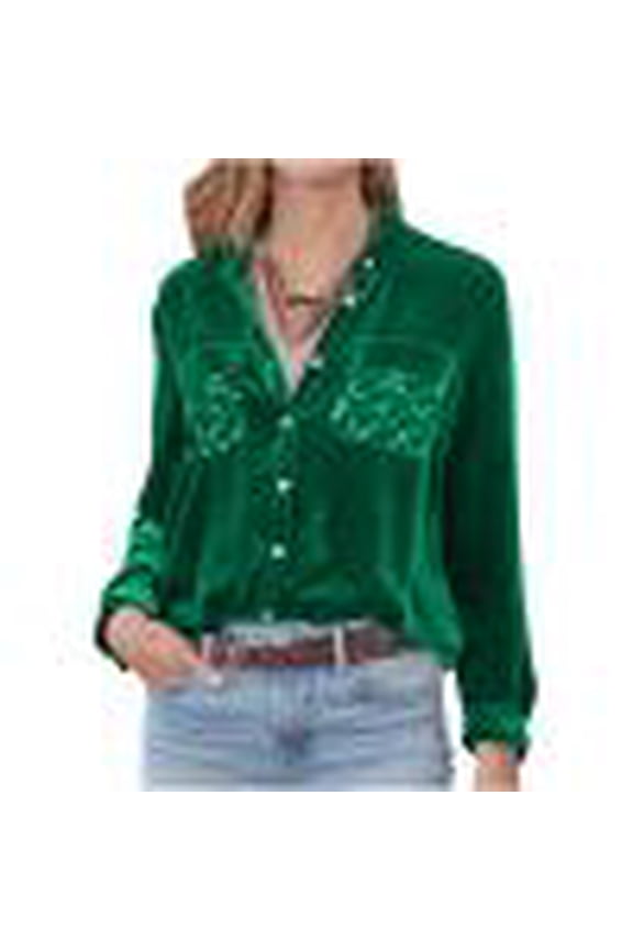 Womens Button Down Flannel Shirts Solid Color Elegant Long-Sleeved with Gold Velvet Sequins Disco Evening Club Concert Shirt S-2XL