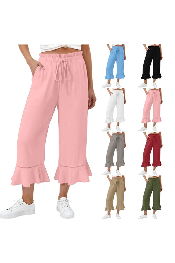 Womens Capri Pants Casual Elastic Drawstring Waist Ruffle Ruffle Cropped Pants with Pockets