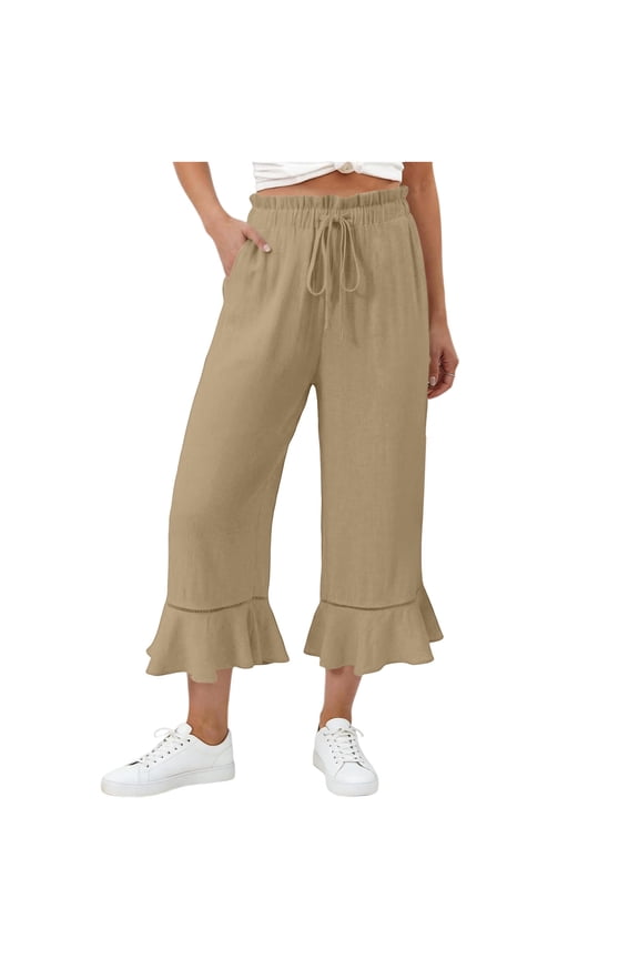Womens Capri Pants Casual Elastic Drawstring Waist Ruffle Ruffle Cropped Pants with Pockets