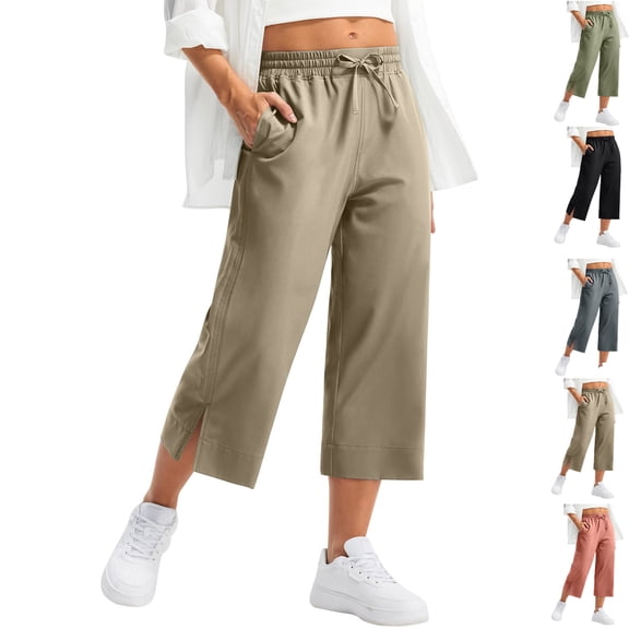 Admvng Womens Capri Pants Casual High Waist Lightweight Wide Leg Cropped Pants with Pockets S-2XL