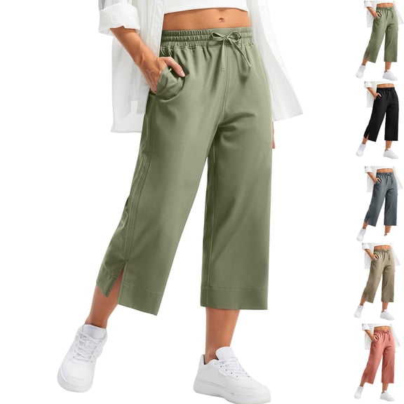 Admvng Womens Capri Pants Casual High Waist Lightweight Wide Leg Cropped Pants with Pockets S-2XL
