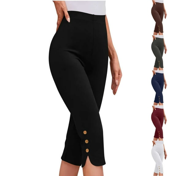 Admvng Womens Capri Pants Casual Summer Stretch Pants Bottom Slits Design with Buttons Trim S-3XL