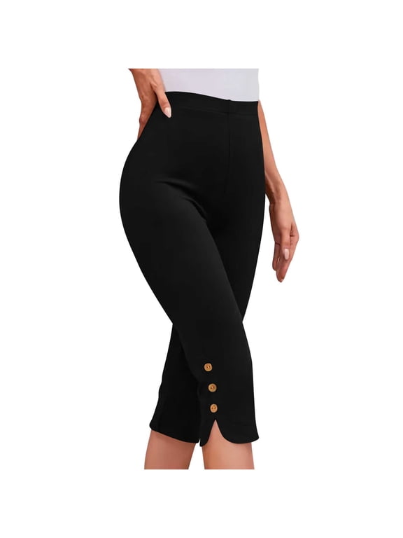 Womens Capri Pants Casual Summer Stretch Pants Bottom Slits Design with Buttons Trim S-3XL