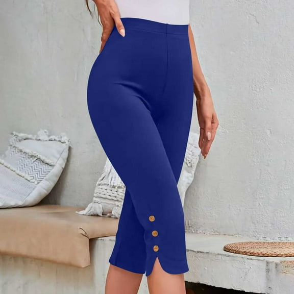 Admvng Womens Capri Pants Casual Summer Stretch Pants Bottom Slits Design with Buttons Trim S-3XL
