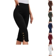 ADMVNG Womens Capri Pants Casual Summer Stretch Pants Bottom Slits Design with Buttons Trim S-3XL