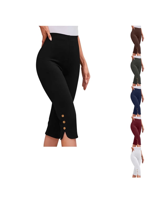 Womens Capri Pants Casual Summer Stretch Pants Bottom Slits Design with Buttons Trim S-3XL