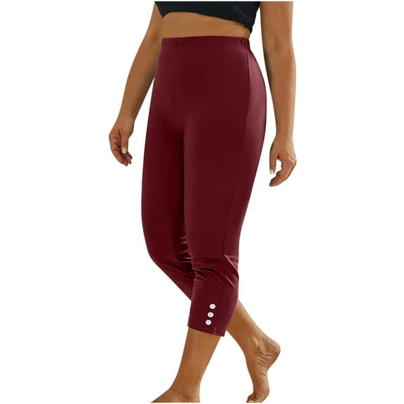 Admvng Womens Capris for Summer High Waist Leggings Casual Soft Solid Color with Buttons Trim S-3XL