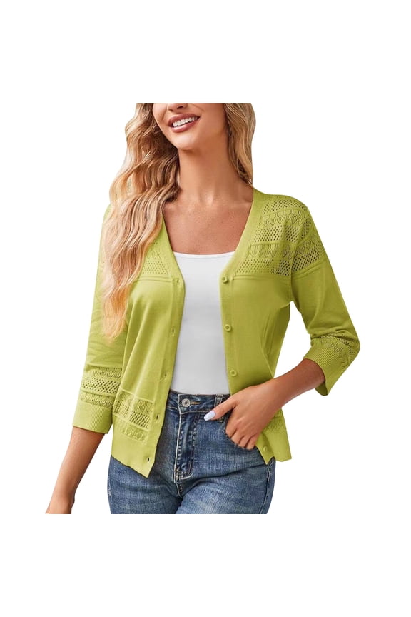 Womens Cardigan Hollow Eyelet 3/4 Sleeve V Neck Knit Button Down Lightweight Crochet Layering Sweater Jacket