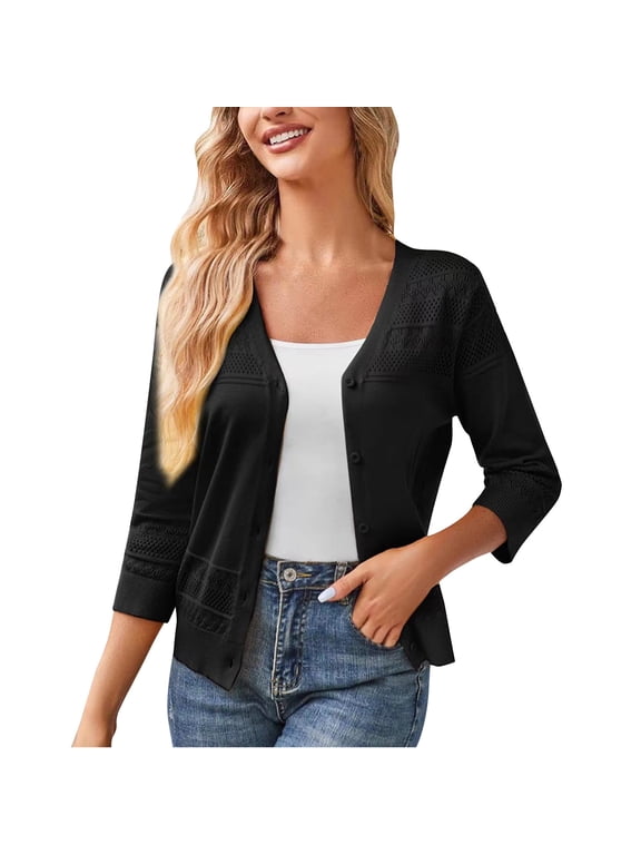 Womens Cardigan Hollow Eyelet 3/4 Sleeve V Neck Knit Button Down Lightweight Crochet Layering Sweater Jacket