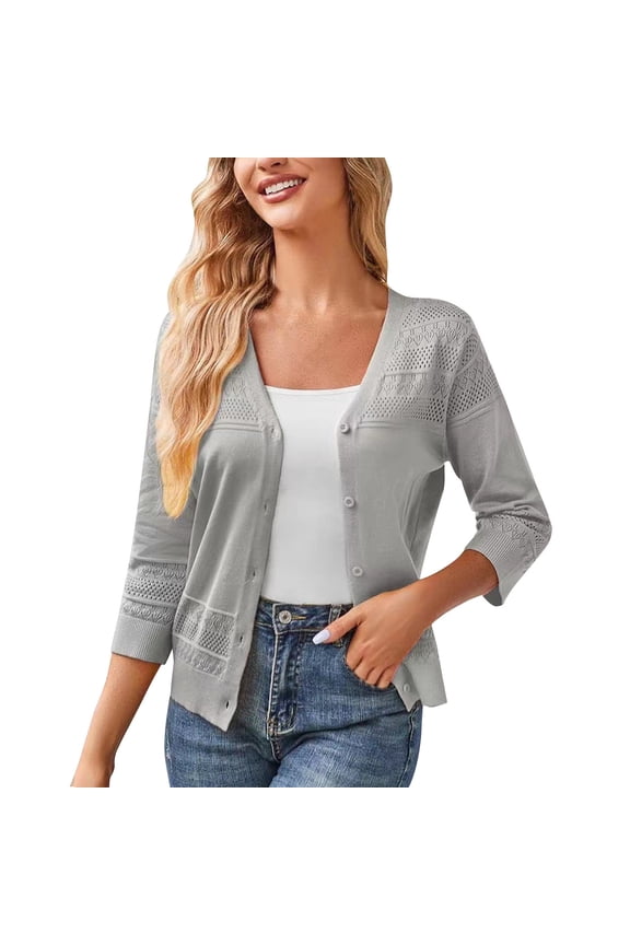 Womens Cardigan Hollow Eyelet 3/4 Sleeve V Neck Knit Button Down Lightweight Crochet Layering Sweater Jacket