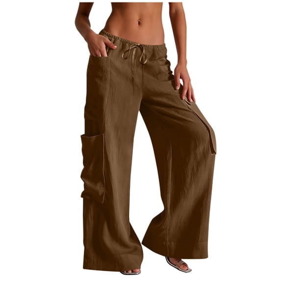 Admvng Womens Cargo Linen Pants Wide Leg Drawstring Waist Casual Summer with Pockets