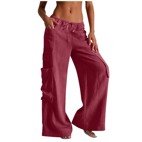 Admvng Womens Cargo Linen Pants Wide Leg Drawstring Waist Casual Summer with Pockets