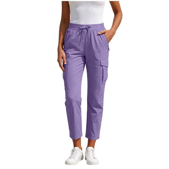 Admvng Womens Cargo Pants Summer Solid Pockets Elastic Waist Casual Pants
