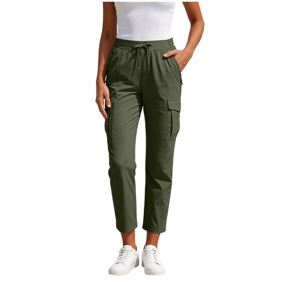 Admvng Womens Cargo Pants Summer Solid Pockets Elastic Waist Casual Pants