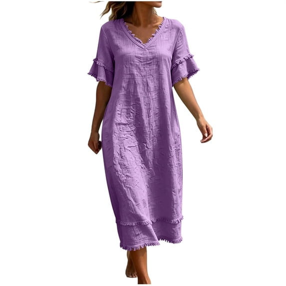 Admvng Womens Casual Dress Short Sleeve Pockets V Neck Flowy Summer Linen Dress