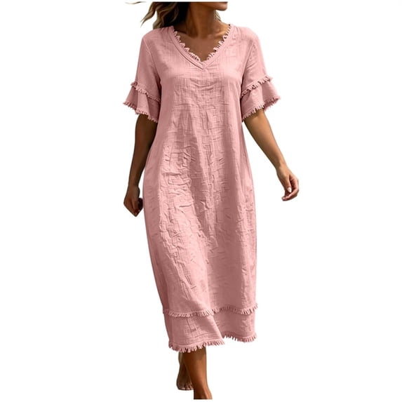 Admvng Womens Casual Dress Short Sleeve Pockets V Neck Flowy Summer Linen Dress