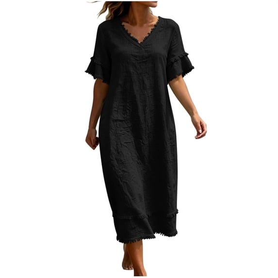 Admvng Womens Casual Dress Short Sleeve Pockets V Neck Flowy Summer Linen Dress