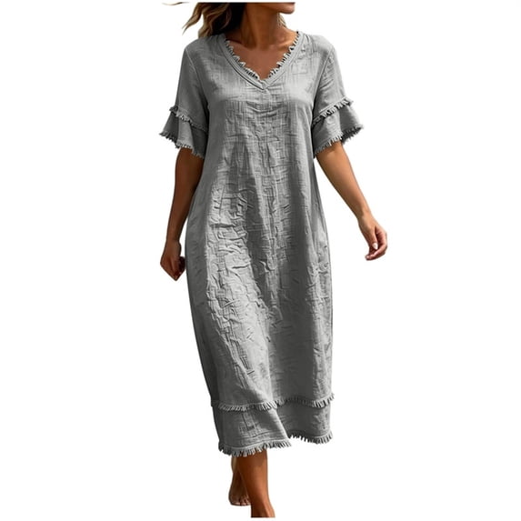 Admvng Womens Casual Dress Short Sleeve Pockets V Neck Flowy Summer Linen Dress