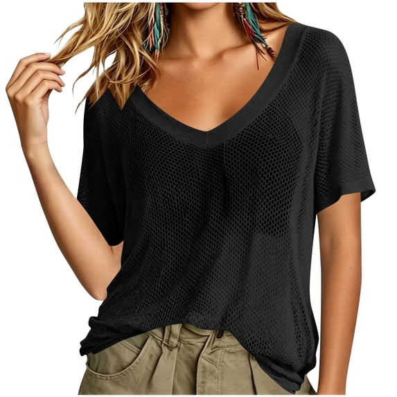 Admvng Womens Casual Tops Mesh Round Neck Short Sleeve Summer Loose Fit Blouses